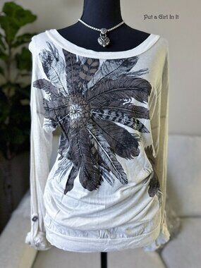 Vocal Apparel Women's Ivory Feather Dreamcatcher Lace Up Shirt Tunic S M L XL